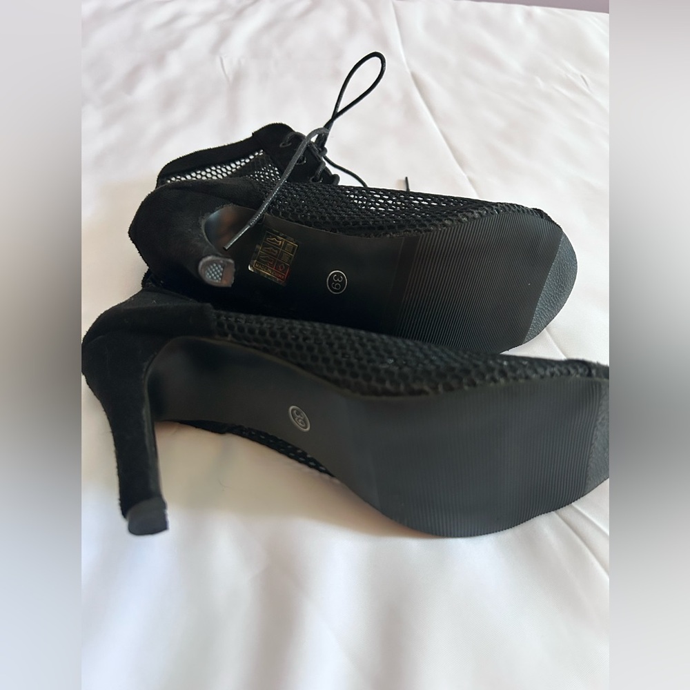 Black Lace-Up Mesh Peep-Toe Heels - Picture 6 of 7